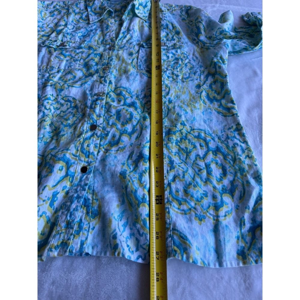 JM Collection Linen Button Up Womens Size 14 Blue Yellow Paisley Floral Coastal - Picture 6 of 11